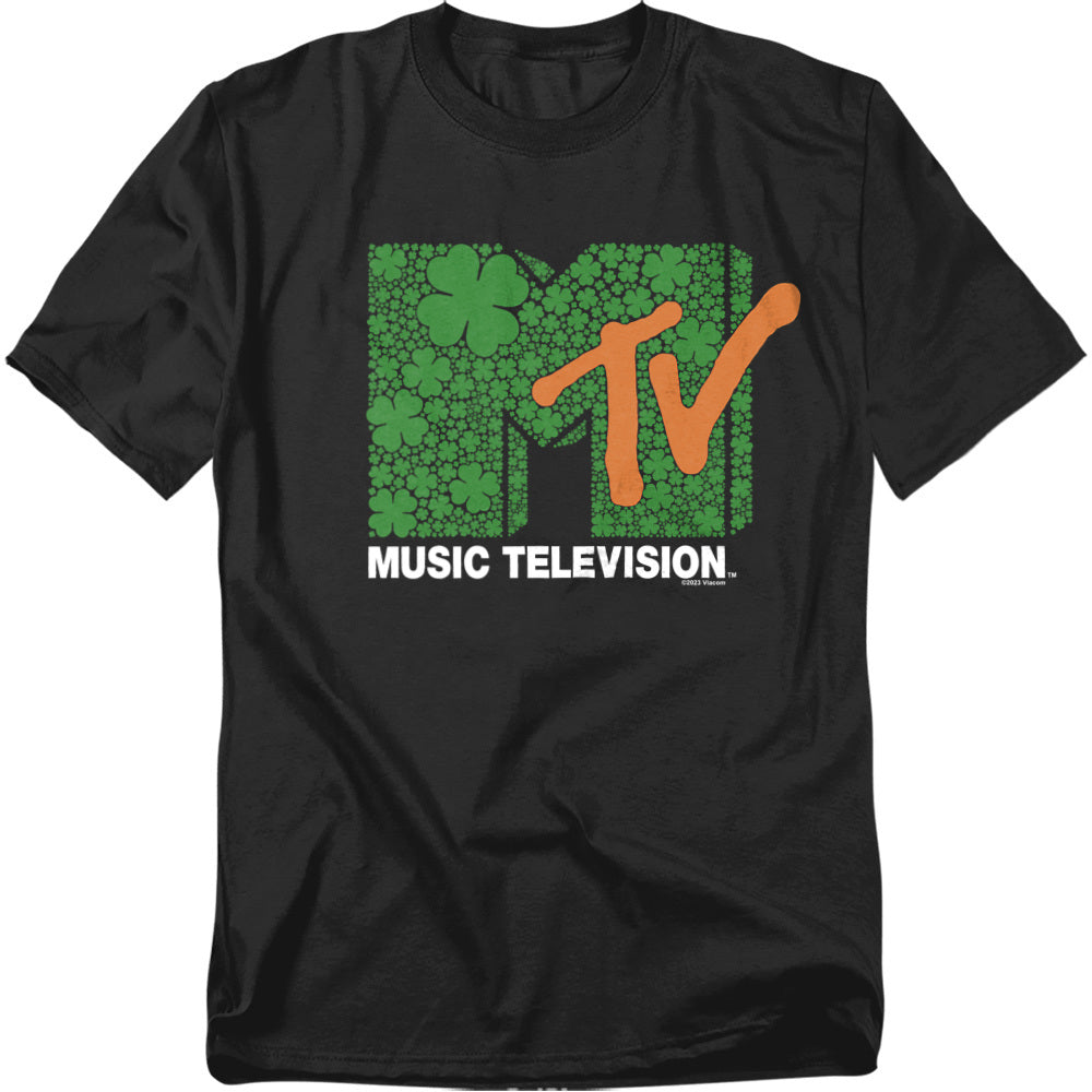Black t-shirt with MTV logo featuring green shamrock pattern on a white background
