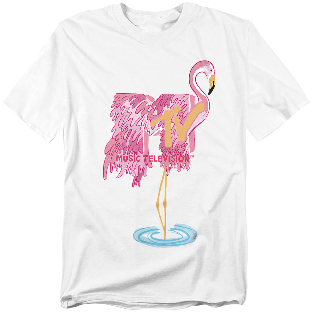 White t-shirt with pink flamingo graphic and 'Music Television' text on a white background