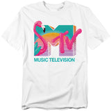 White t-shirt with MTV logo featuring a pink flamingo on a white background