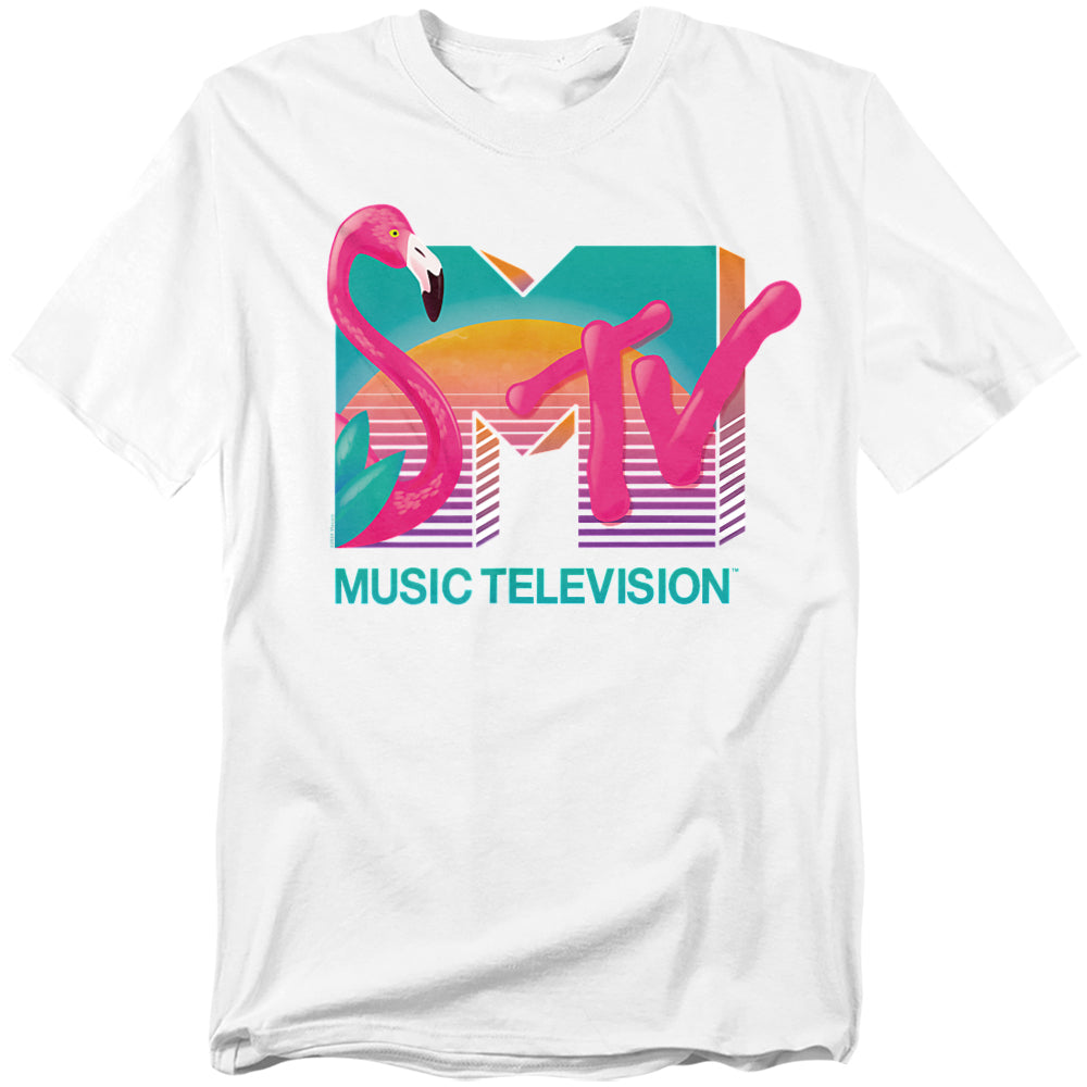 White t-shirt with MTV logo featuring a pink flamingo on a white background