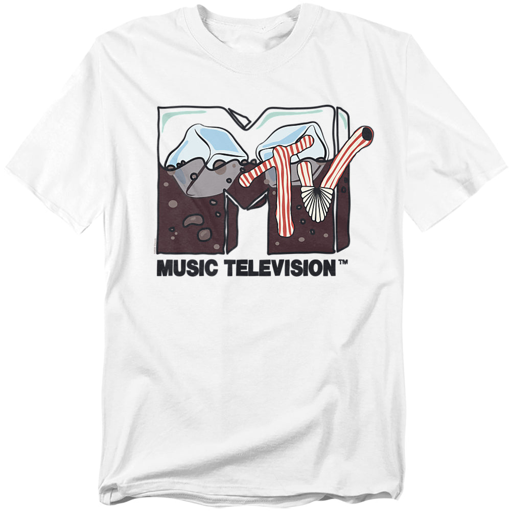 White t-shirt with Music Television logo featuring a vintage VHS tape design.