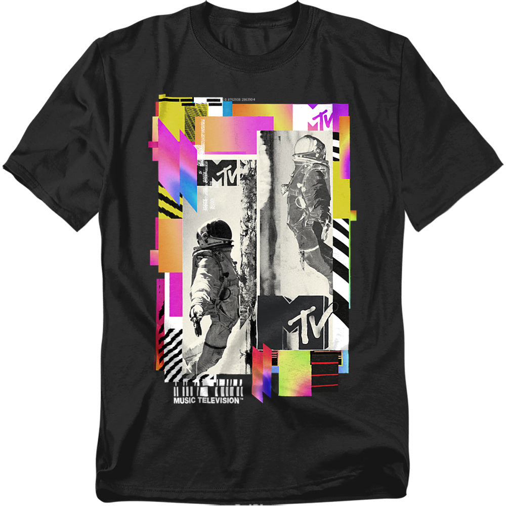 Black t-shirt with colorful graphic design featuring 'MTV' on a white background