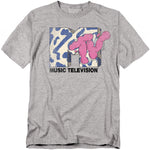 Gray t-shirt with Music Television logo featuring a pink abstract design on a white background