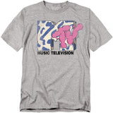 Gray t-shirt with Music Television logo featuring a pink abstract design on a white background