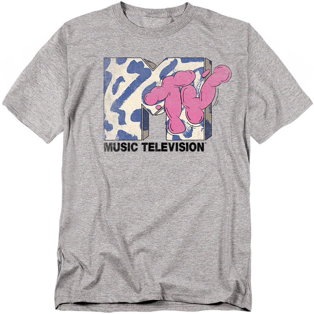 Gray t-shirt with Music Television logo featuring a pink abstract design on a white background