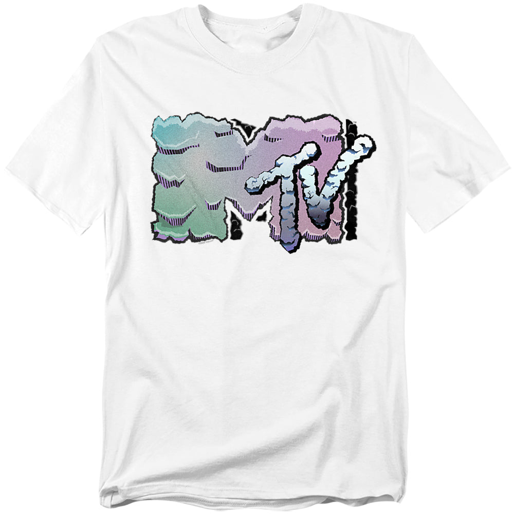 White t-shirt with colorful 'MTV' logo on a white background
