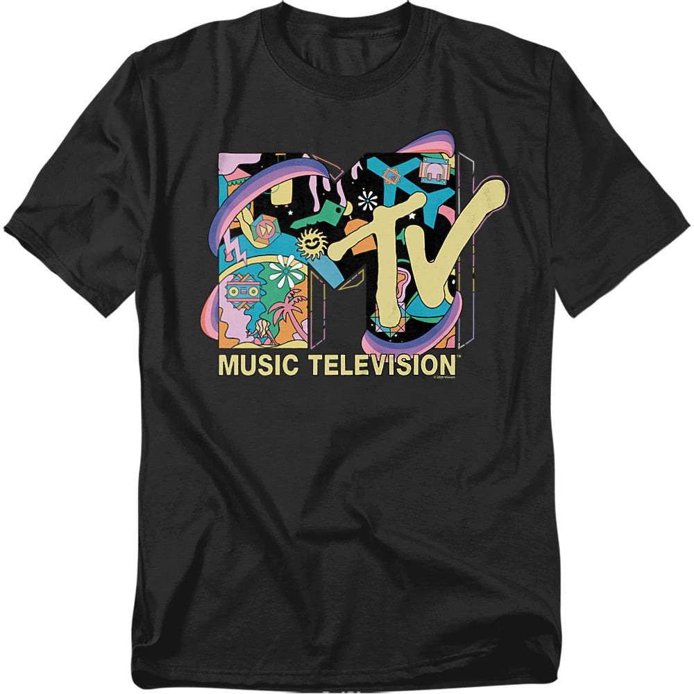 Black t-shirt with colorful 'MTV' logo and text on a white background