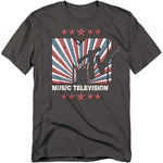 Black t-shirt with Music Television logo and design on a white background