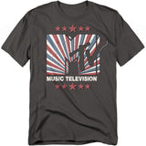 Black t-shirt with Music Television logo and design on a white background