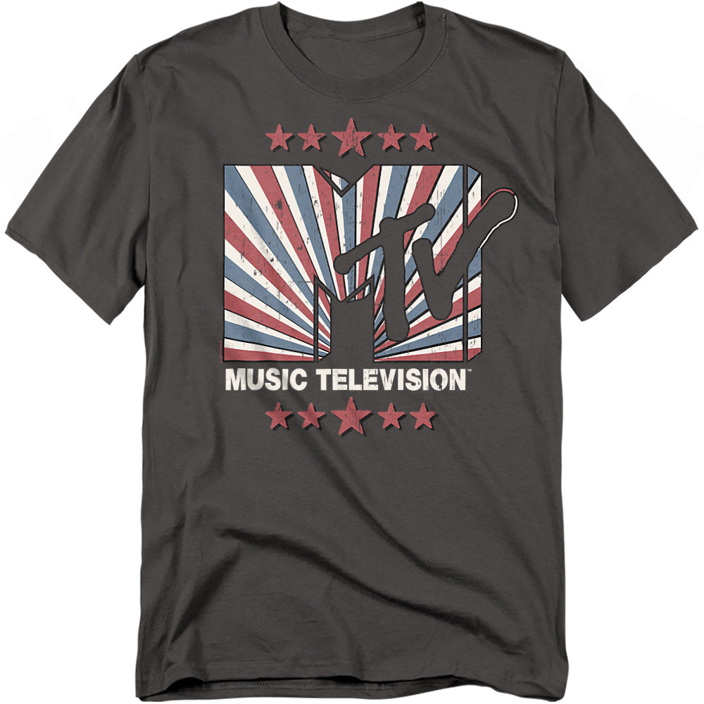 Black t-shirt with Music Television logo and design on a white background