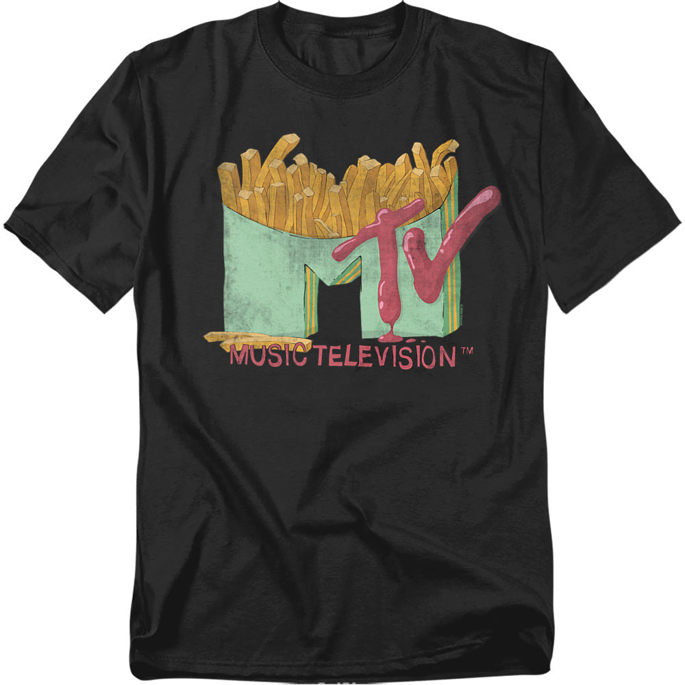 Black t-shirt with MTV logo and fries graphic on a white background