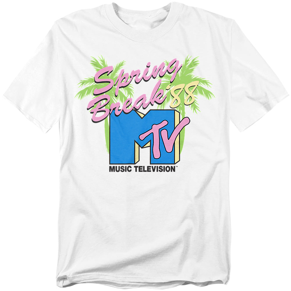White t-shirt with 'Spring Break MTV Music Television' graphic design on a white background