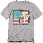 Gray t-shirt with MTV logo and American flag design on a white background