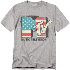 Gray t-shirt with MTV logo and American flag design on a white background