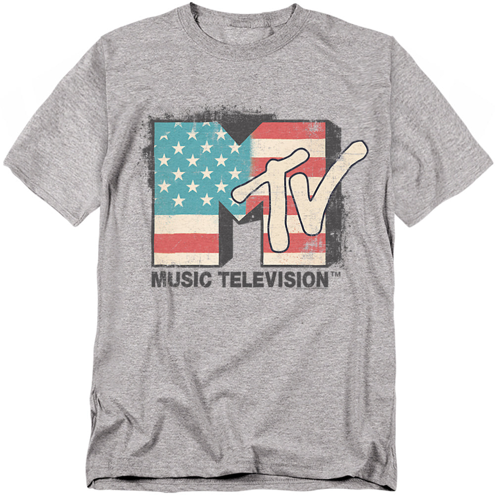 Gray t-shirt with MTV logo and American flag design on a white background