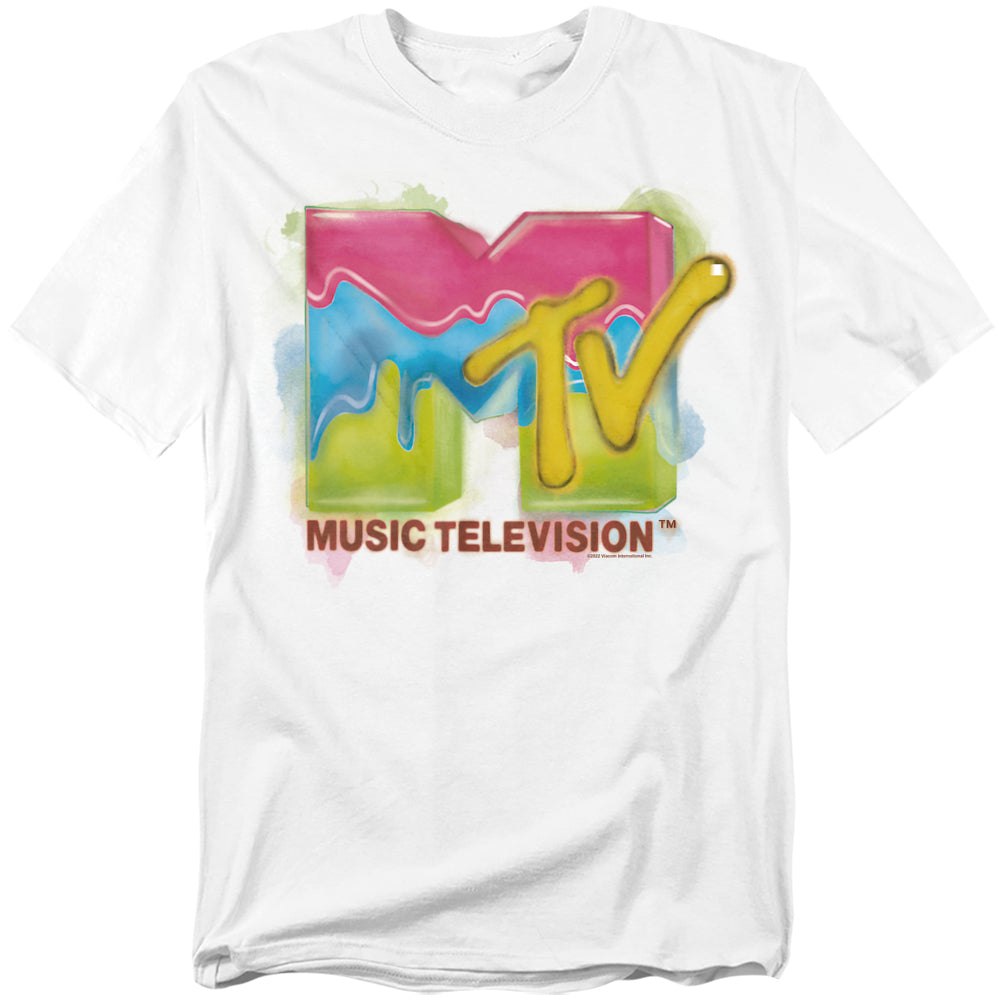 White t-shirt with colorful MTV logo on a white background