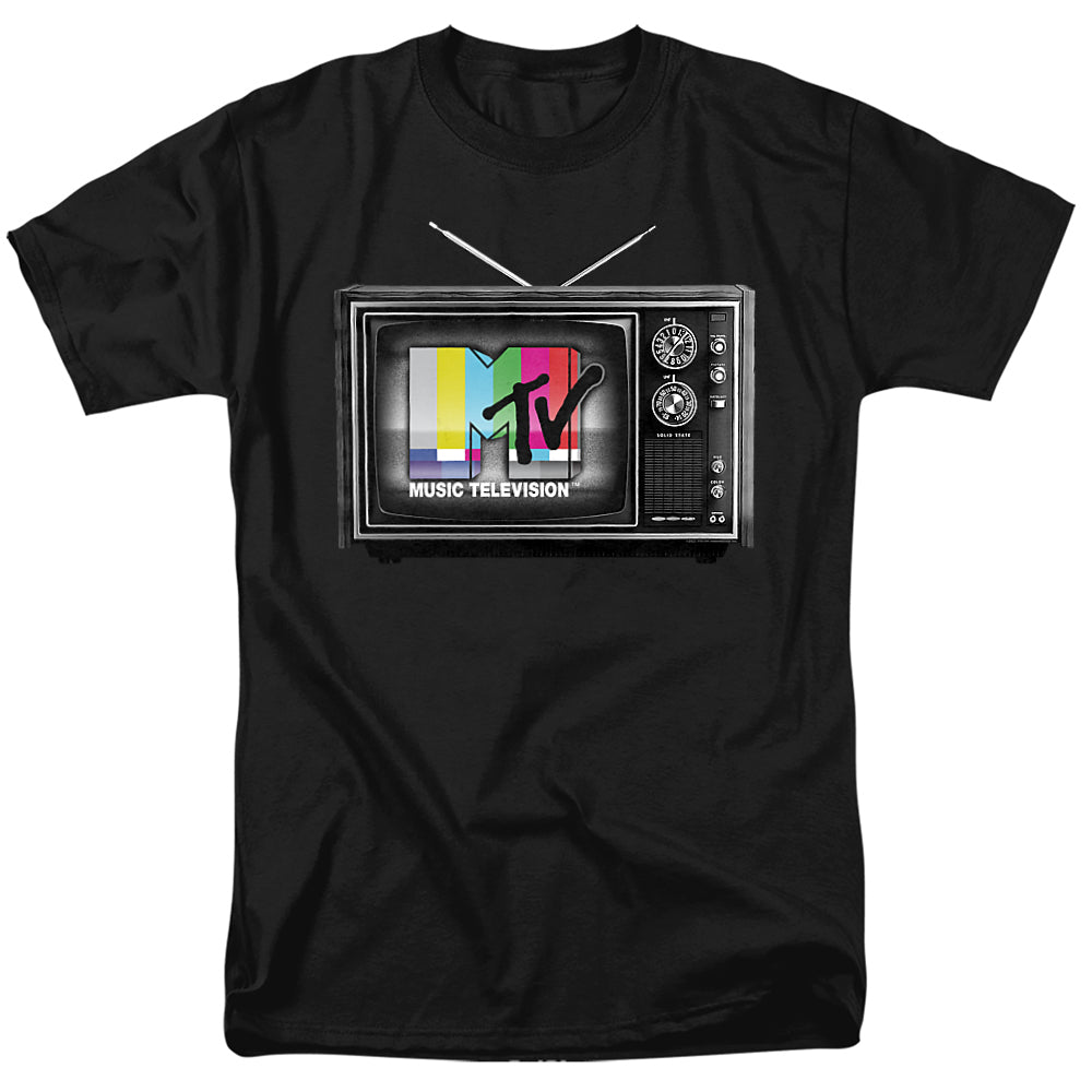 Black t-shirt featuring the colorful MTV logo displayed on a retro TV screen with antennas and dials.