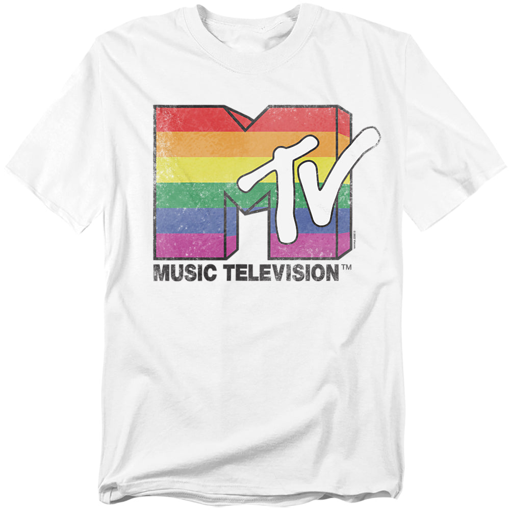 White t-shirt with rainbow MTV logo on a white background