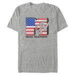 Sport gray MTV Music Television T-shirt featuring a red white and blue American flag logo graphic