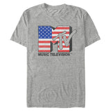Sport gray MTV Music Television T-shirt featuring a red white and blue American flag logo graphic