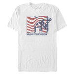White MTV Music Television T-shirt featuring a distressed Americana flag-inspired logo graphic in red, white, and blue