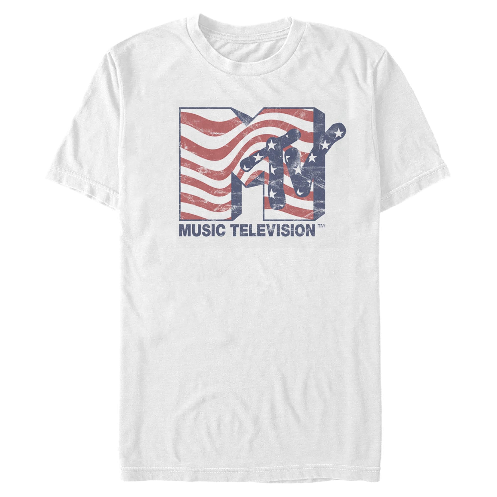 White MTV Music Television T-shirt featuring a distressed Americana flag-inspired logo graphic in red, white, and blue