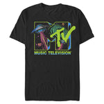 Black MTV Music Television T-shirt featuring a neon cosmic logo graphic with UFOs, planets, and galaxy artwork