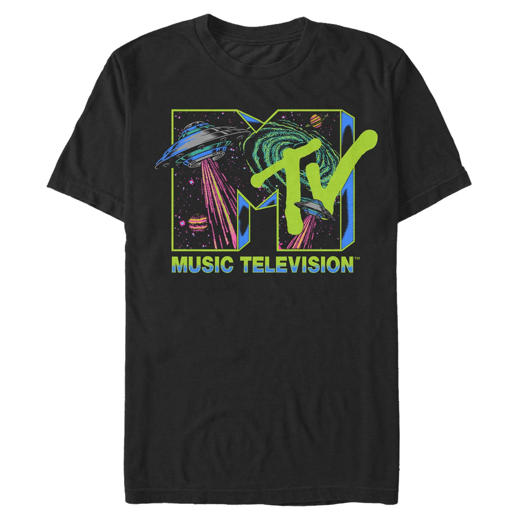 Black MTV Music Television T-shirt featuring a neon cosmic logo graphic with UFOs, planets, and galaxy artwork