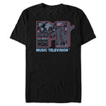 Black MTV Music Television T-shirt featuring a futuristic blueprint logo with digital interface graphics in pink and blue