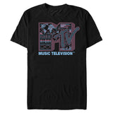 Black MTV Music Television T-shirt featuring a futuristic blueprint logo with digital interface graphics in pink and blue