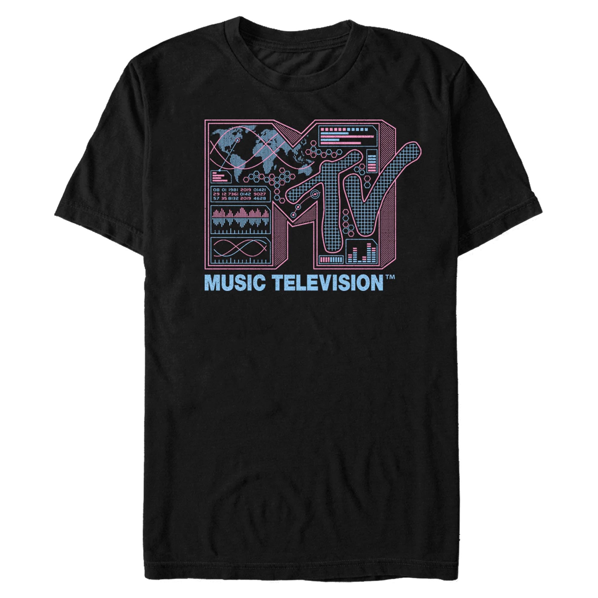 Black MTV Music Television T-shirt featuring a futuristic blueprint logo with digital interface graphics in pink and blue