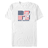 White MTV Music Television T-shirt featuring an American flag logo graphic with stars and stripes design