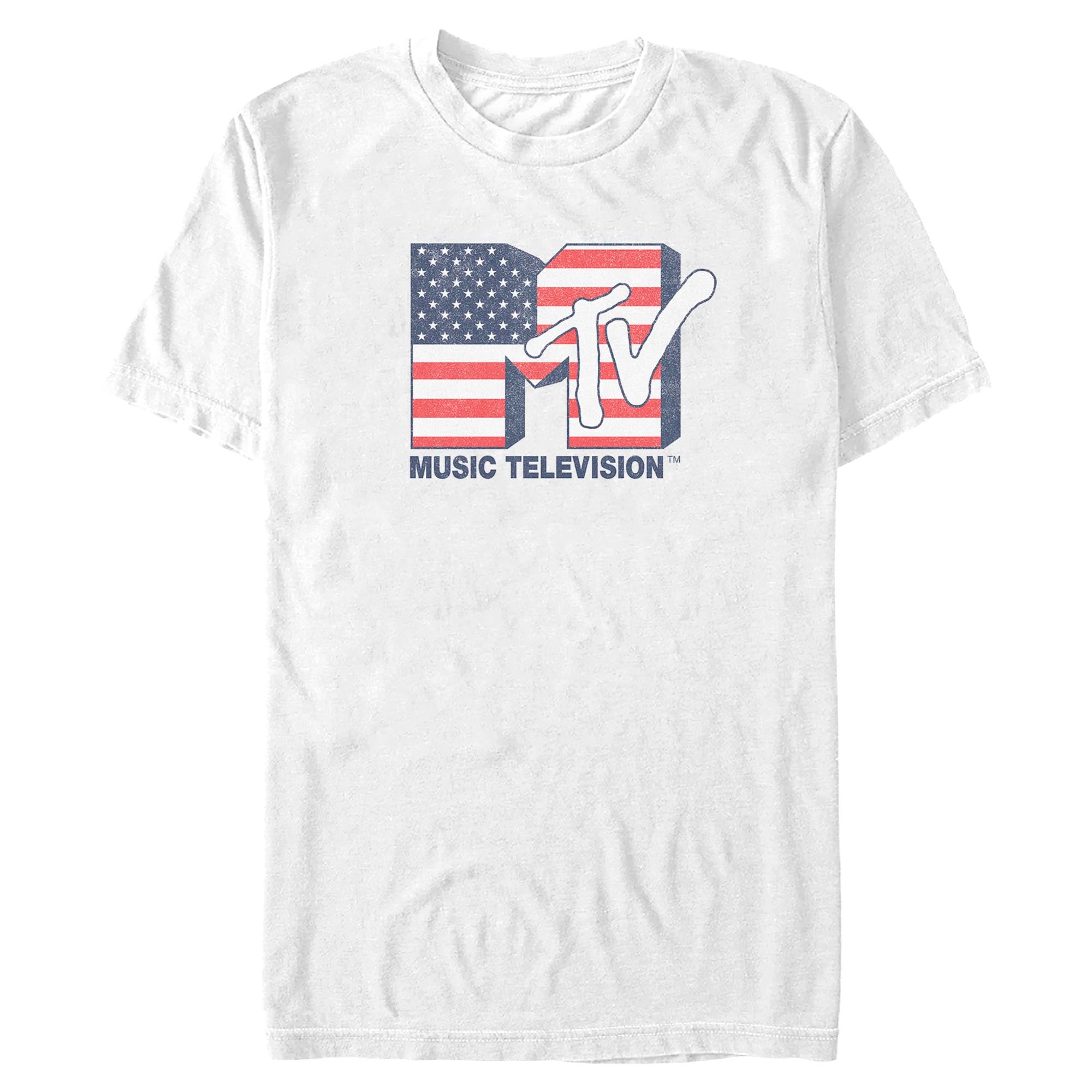 White MTV Music Television T-shirt featuring an American flag logo graphic with stars and stripes design