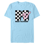 Light blue MTV checkerboard logo T-shirt featuring black-and-white checkerboard artwork with pink MTV script and Music Television branding