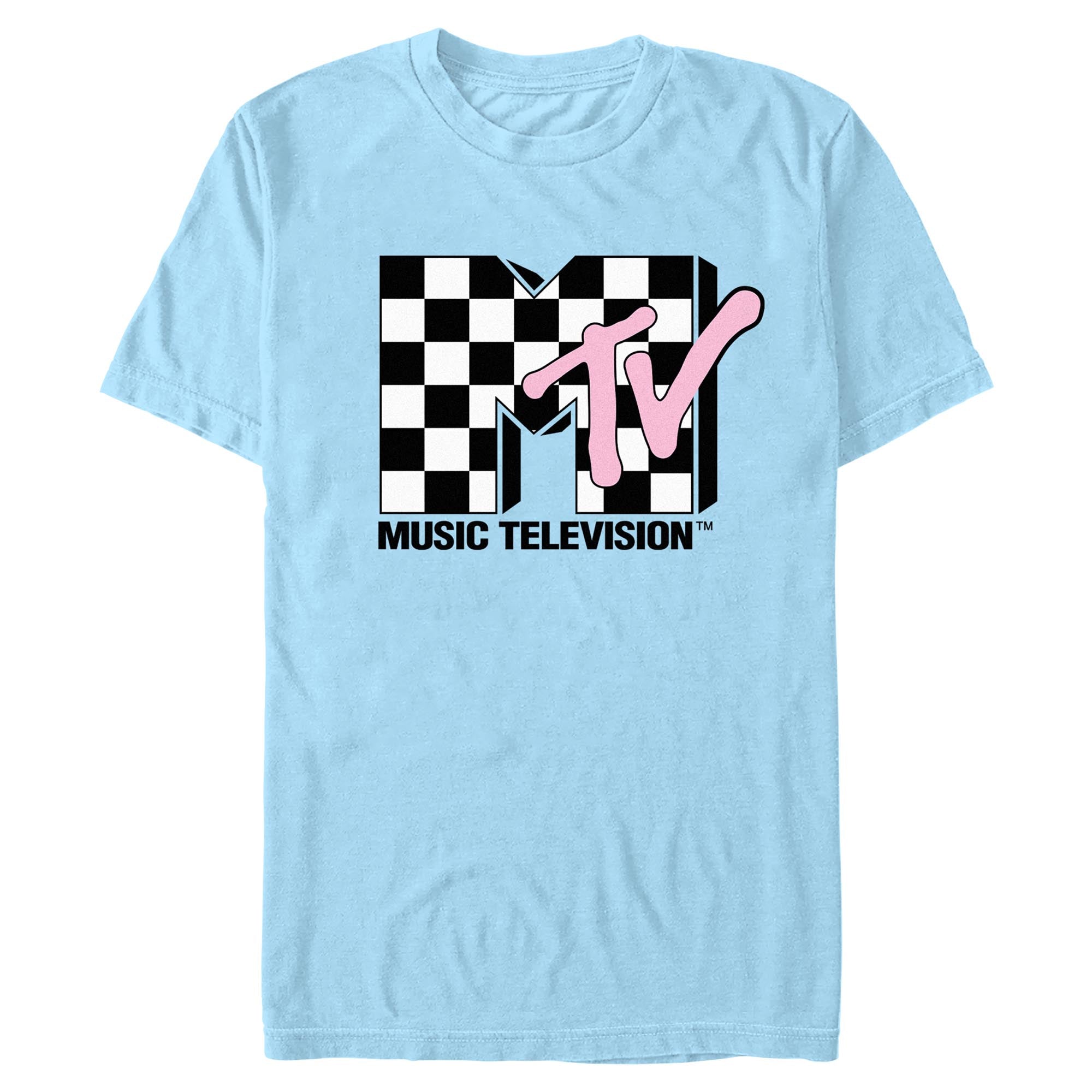 Light blue MTV checkerboard logo T-shirt featuring black-and-white checkerboard artwork with pink MTV script and Music Television branding