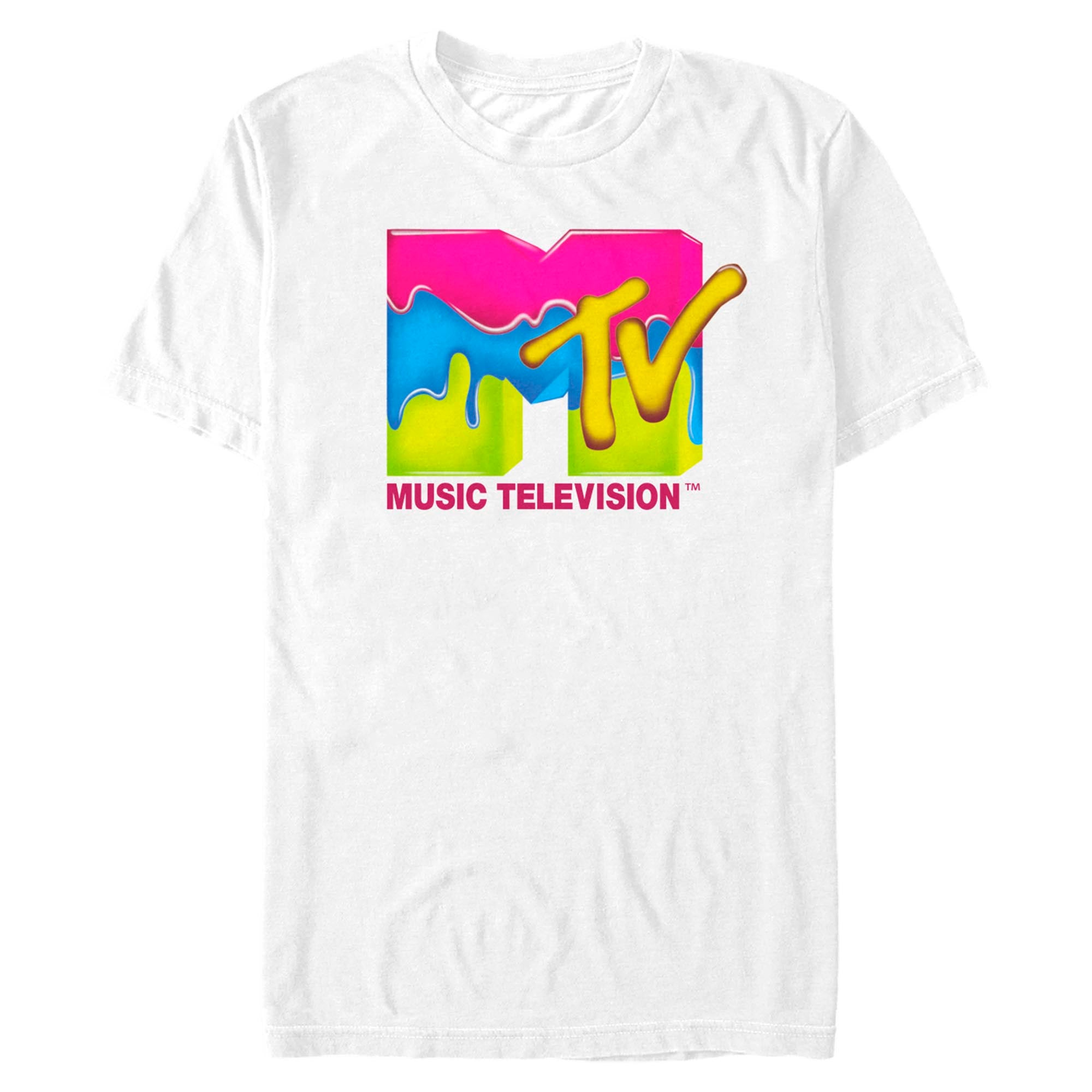 White MTV Music Television T-shirt featuring a colorful neon drip logo graphic in pink blue green and yellow