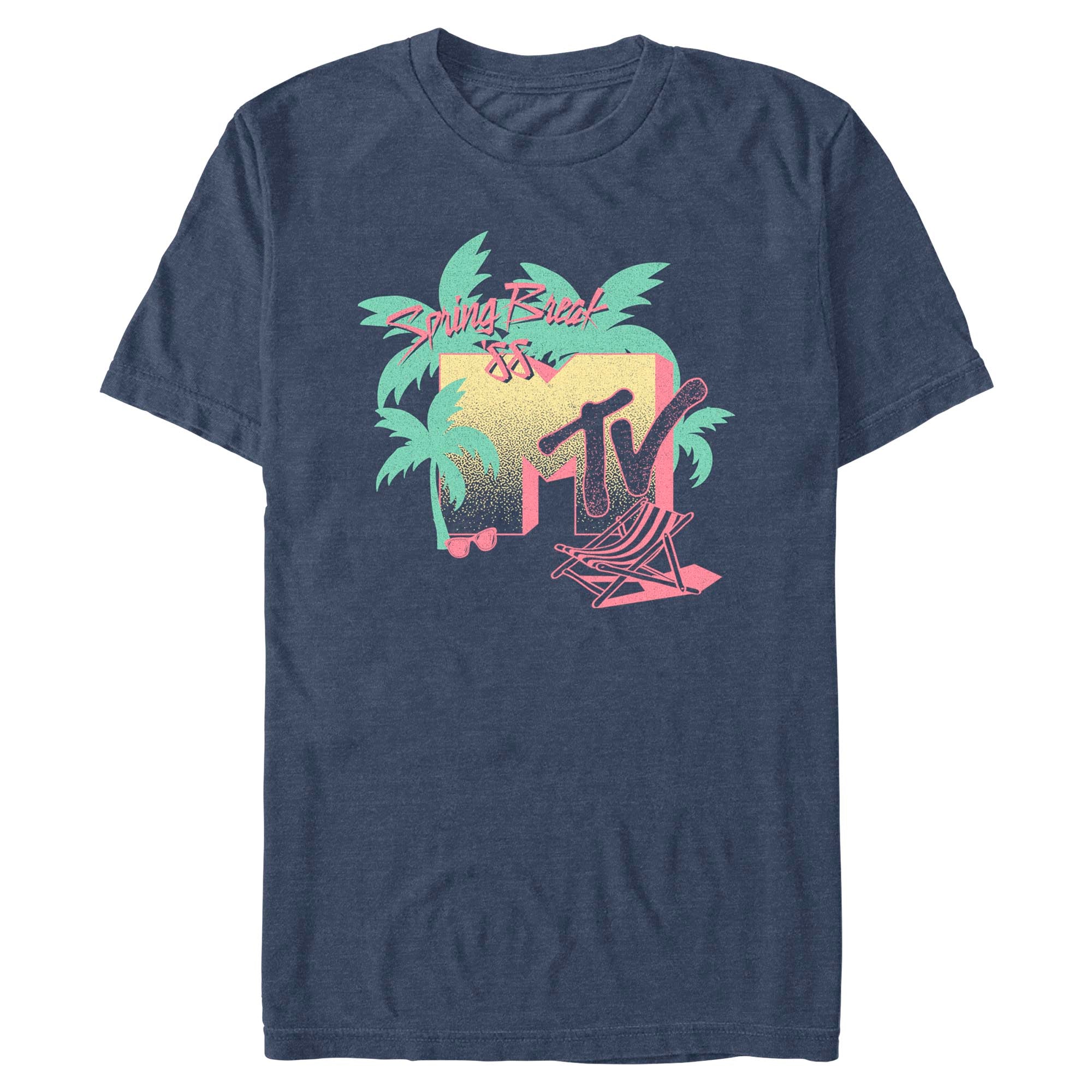 Navy heather MTV Spring Break '88 T-shirt featuring retro palm trees, beach chair artwork, and vintage MTV logo graphics
