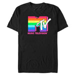 Black MTV Music Television T-shirt featuring a colorful rainbow stripe logo graphic with vintage-inspired distressed detailing