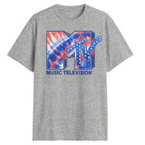 Sport gray MTV Music Television T-shirt featuring a colorful red white and blue tie-dye logo graphic with star-pattern MTV lettering
