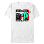 White t-shirt with Music Television logo featuring a boombox and 'MTV' text on a white background