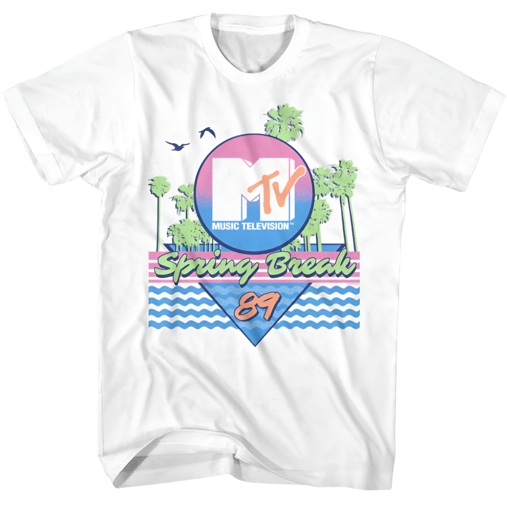 White t-shirt with 'MTV Spring Break 89' text and graphic design featuring palm trees, sun, and ocean waves.