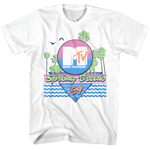 White t-shirt with 'MTV Spring Break 89' text and graphic design featuring palm trees, sun, and ocean waves.