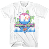 White t-shirt with 'MTV Spring Break 89' text and graphic design featuring palm trees, sun, and ocean waves.