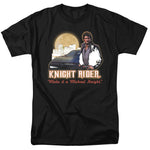 Black t-shirt featuring Michael Knight (David Hasselhoff) with KITT, city skyline, full moon, and the text “Knight Rider – Make it a Michael Knight.”