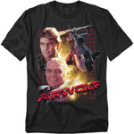 Black t-shirt with portraits of Jan-Michael Vincent, Ernest Borgnine, and the Airwolf helicopter against a fiery red grid background with bold red Airwolf logo.
