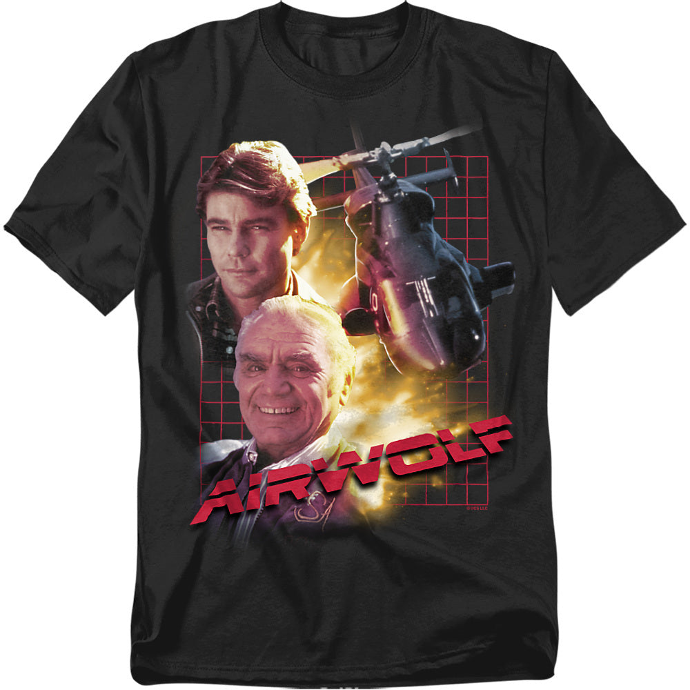 Black t-shirt with portraits of Jan-Michael Vincent, Ernest Borgnine, and the Airwolf helicopter against a fiery red grid background with bold red Airwolf logo.