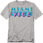 Heather gray t-shirt with the bold pastel Miami Vice logo in pink, blue, and purple across the chest.