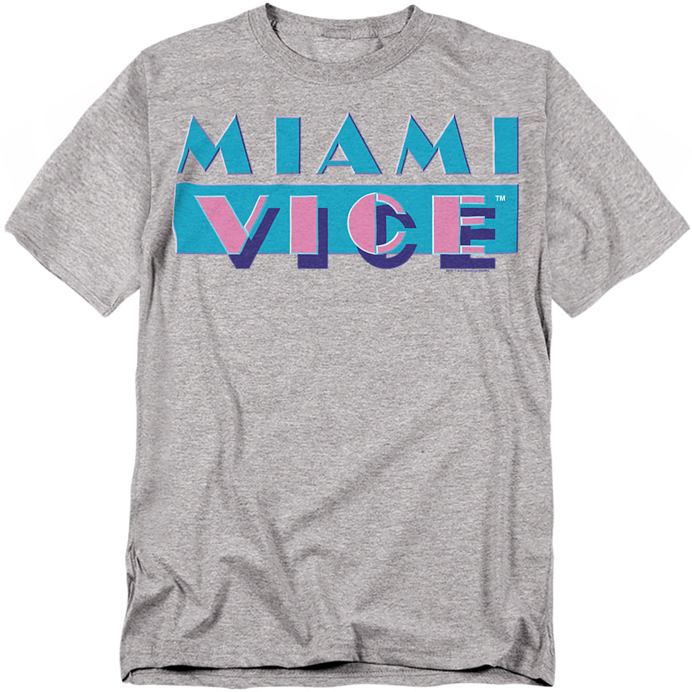 Heather gray t-shirt with the bold pastel Miami Vice logo in pink, blue, and purple across the chest.