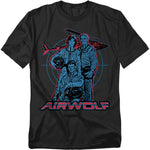 Black t-shirt featuring the cast of Airwolf in blue and red line art with the Airwolf helicopter and logo.