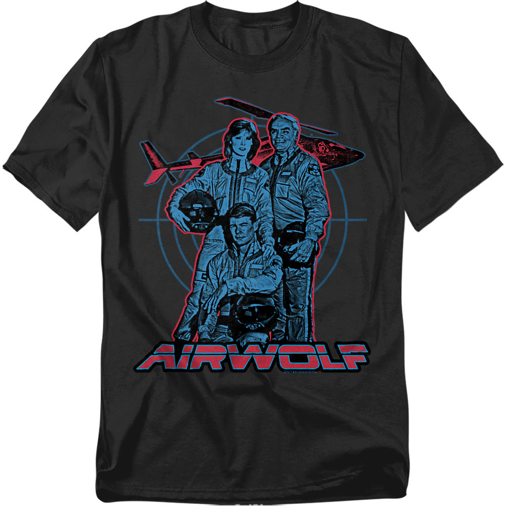 Black t-shirt featuring the cast of Airwolf in blue and red line art with the Airwolf helicopter and logo.